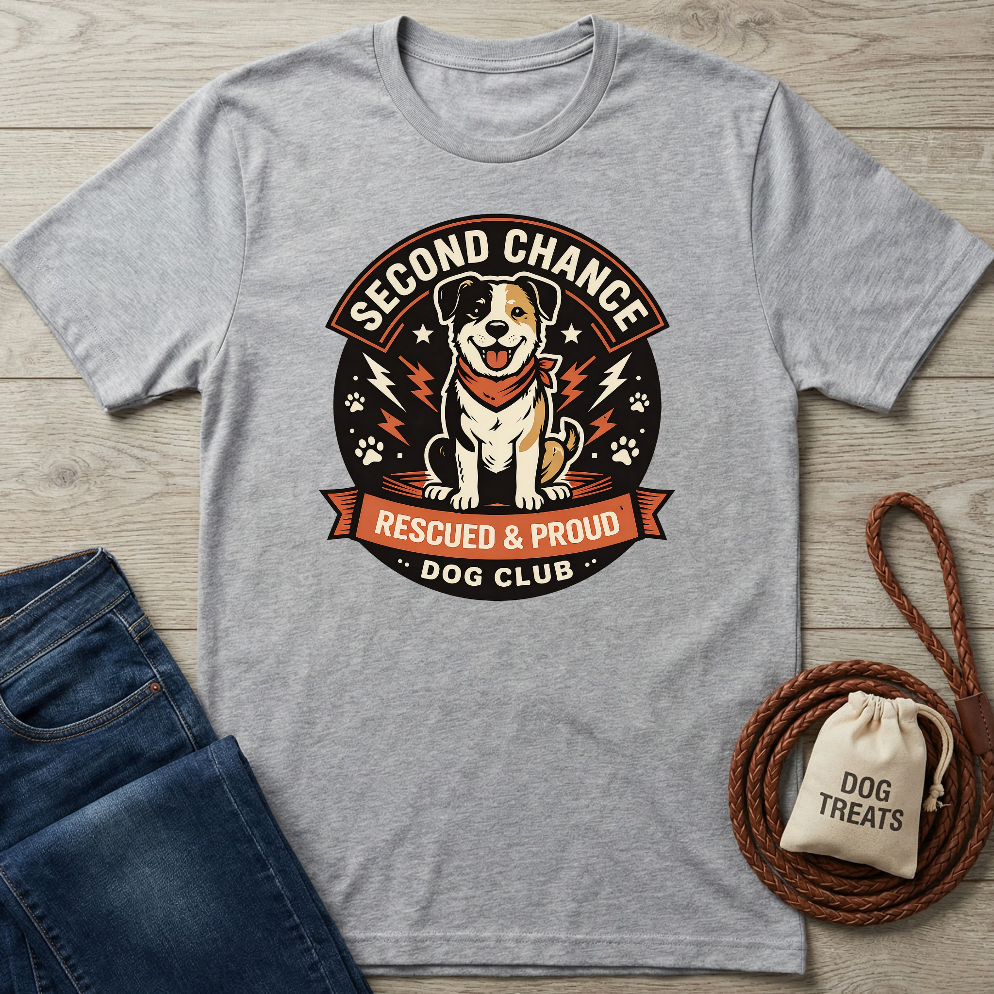 Gray Second Chance Dog Club t-shirt with a happy dog graphic, "Rescued & Proud" text, and paw prints.