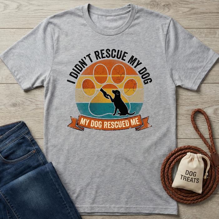 Gray "My Dog Rescued Me" t-shirt with a vintage paw print design and a dog silhouette.