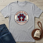 Light grey Gildan Softstyle® t-shirt with a "Rescued By Grace, Adopted & Blessed" paw print design.