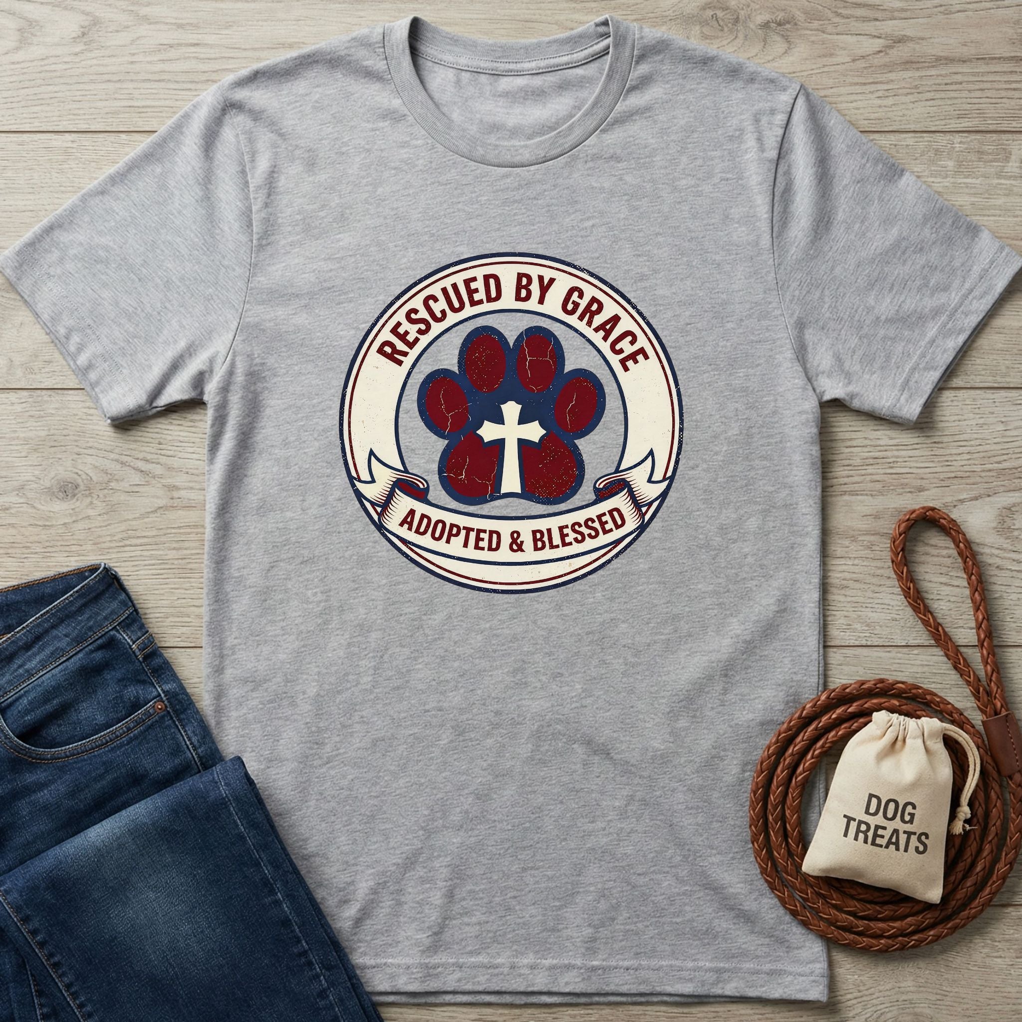 Light grey Gildan Softstyle® t-shirt with a "Rescued By Grace, Adopted & Blessed" paw print design.