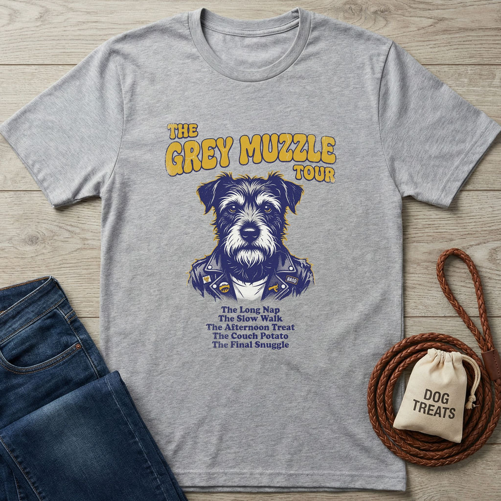 Grey Muzzle Tour T-Shirt: light grey Gildan Softstyle tee with a graphic of a dog in a leather jacket.