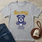 Grey Muzzle Tour T-Shirt: light grey Gildan Softstyle tee with a graphic of a dog in a leather jacket.