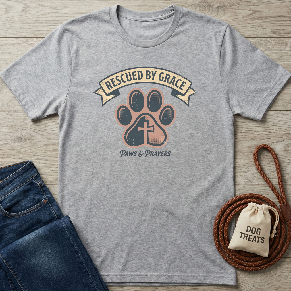 Heather gray t-shirt with "Rescued By Grace" banner, paw print with cross, and "Paws & Prayers" text.