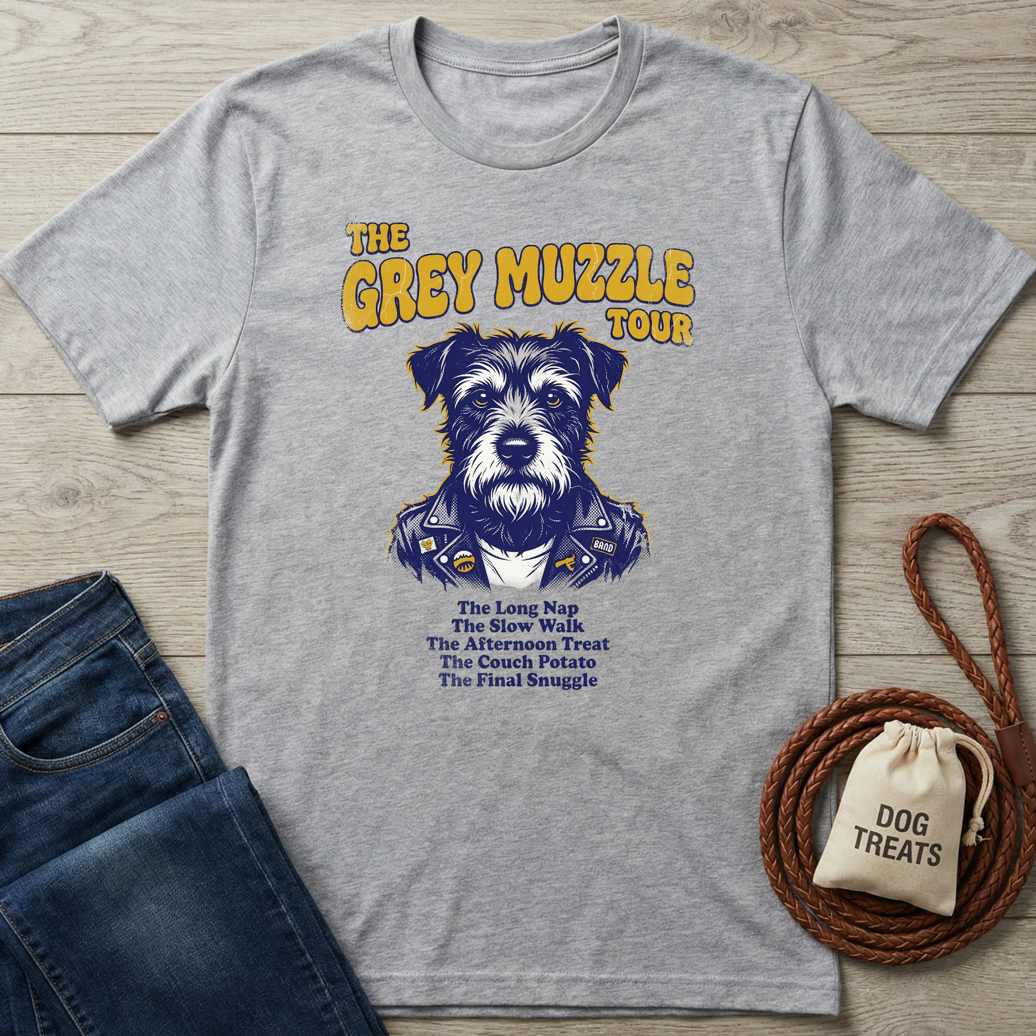 Grey Muzzle Tour T-shirt: heather grey cotton tee with a graphic of a dog in a leather jacket.