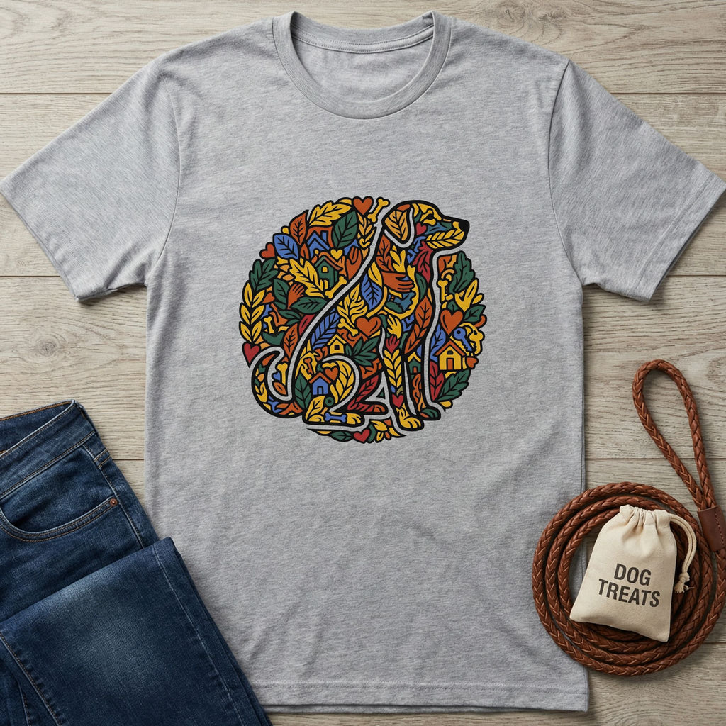 Gray t-shirt with colorful panther design on a wooden surface with jeans and dog treats bag.
