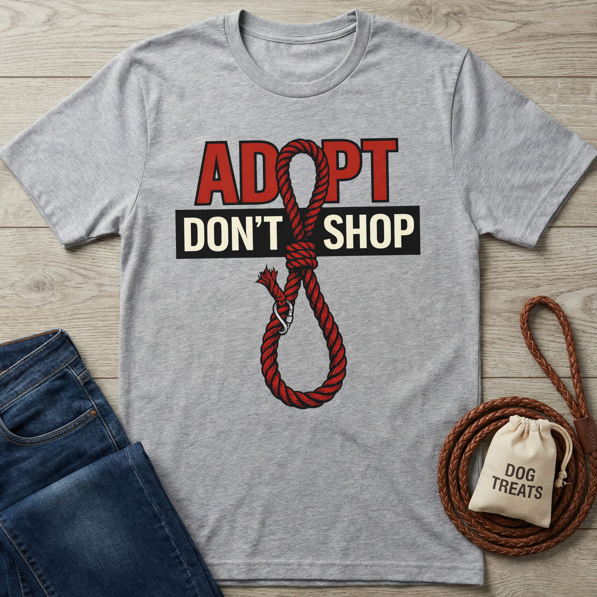 Heather grey cotton t-shirt with "ADOPT DON'T SHOP" text and a red rope noose graphic.