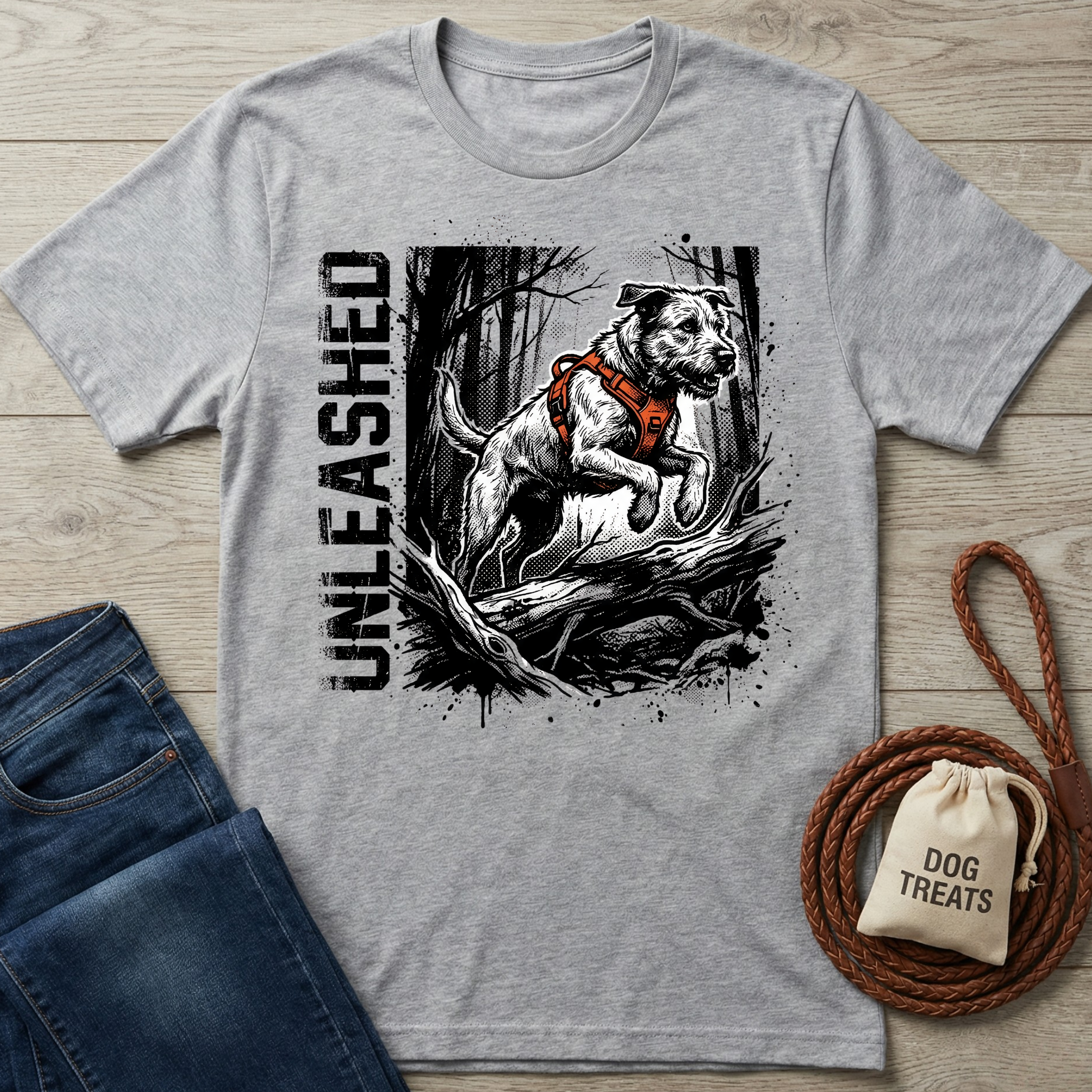 Gray Unleased T-shirt with a jumping dog in an orange harness and forest graphic.
