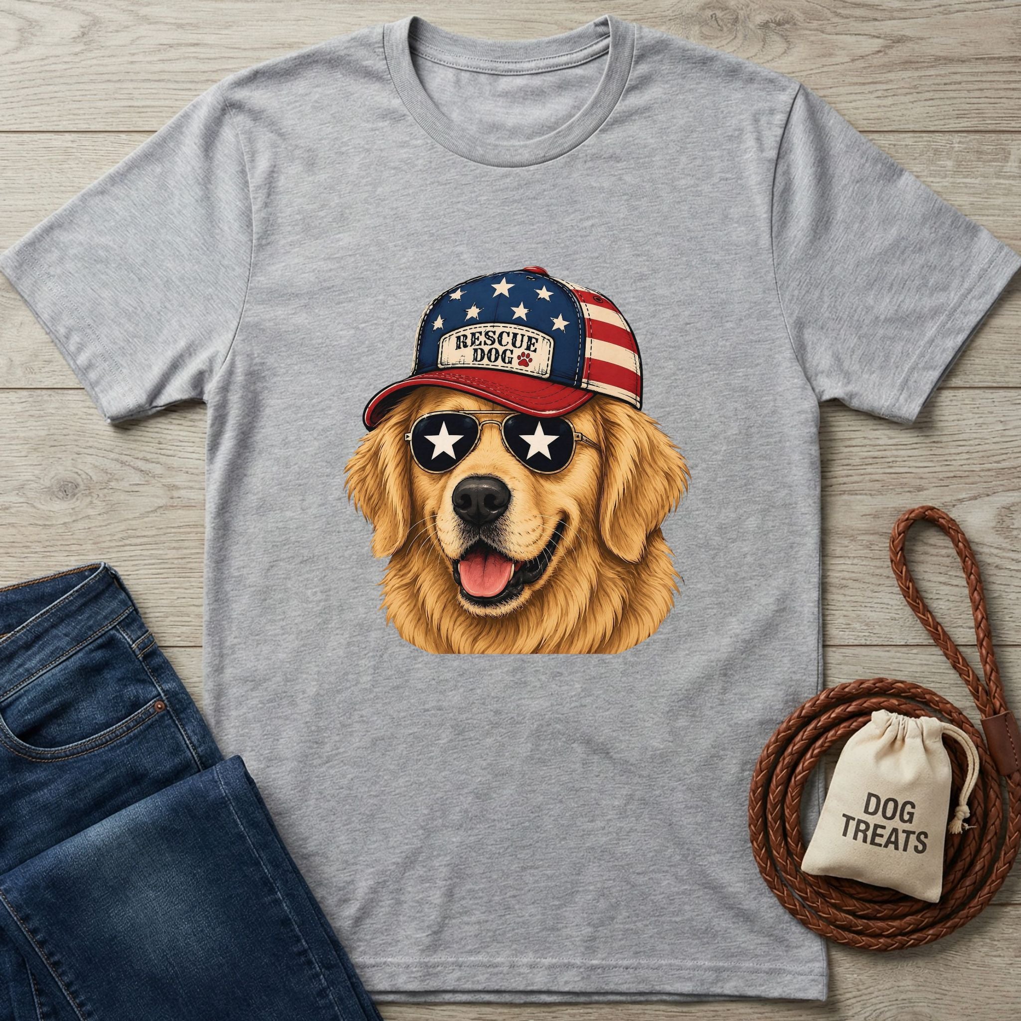 Gray t-shirt with a dog wearing an American flag cap design, paired with jeans and a dog treat bag on a wooden surface.