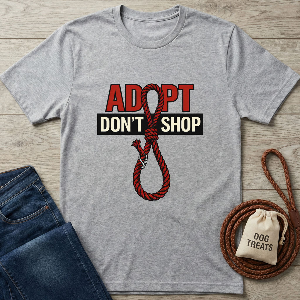 Light grey Gildan Softstyle t-shirt with "ADOPT DON'T SHOP" text and a red rope design.