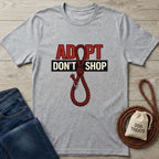 Light grey Gildan Softstyle t-shirt with "ADOPT DON'T SHOP" text and a red rope design.