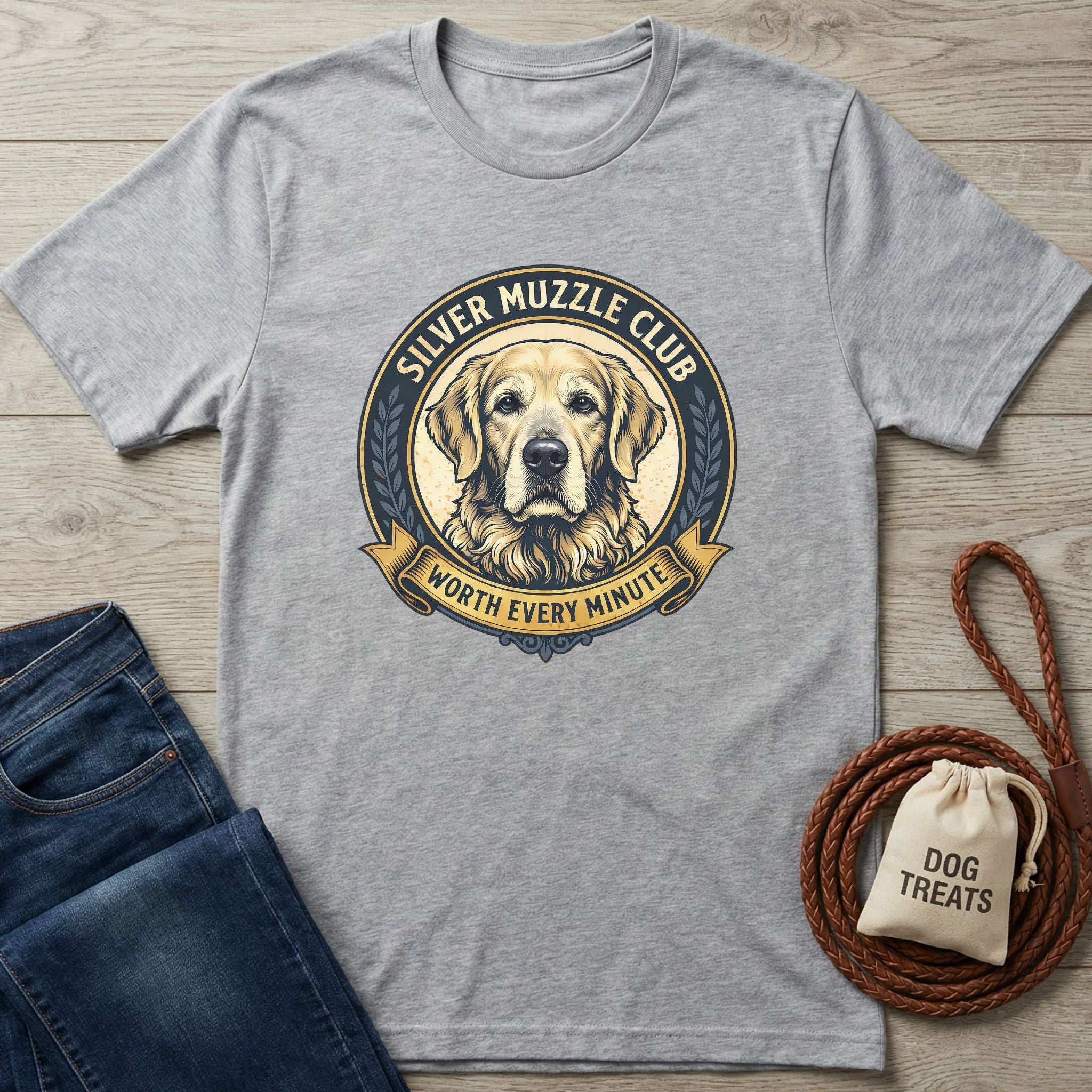 Light grey Silver Muzzle Club t-shirt with a Golden Retriever graphic, next to blue jeans and dog treats.