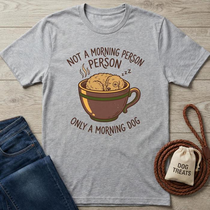 Gray cotton t-shirt with "Not a Morning Person, Only a Morning Dog" text and a sleeping dog in a coffee cup design.