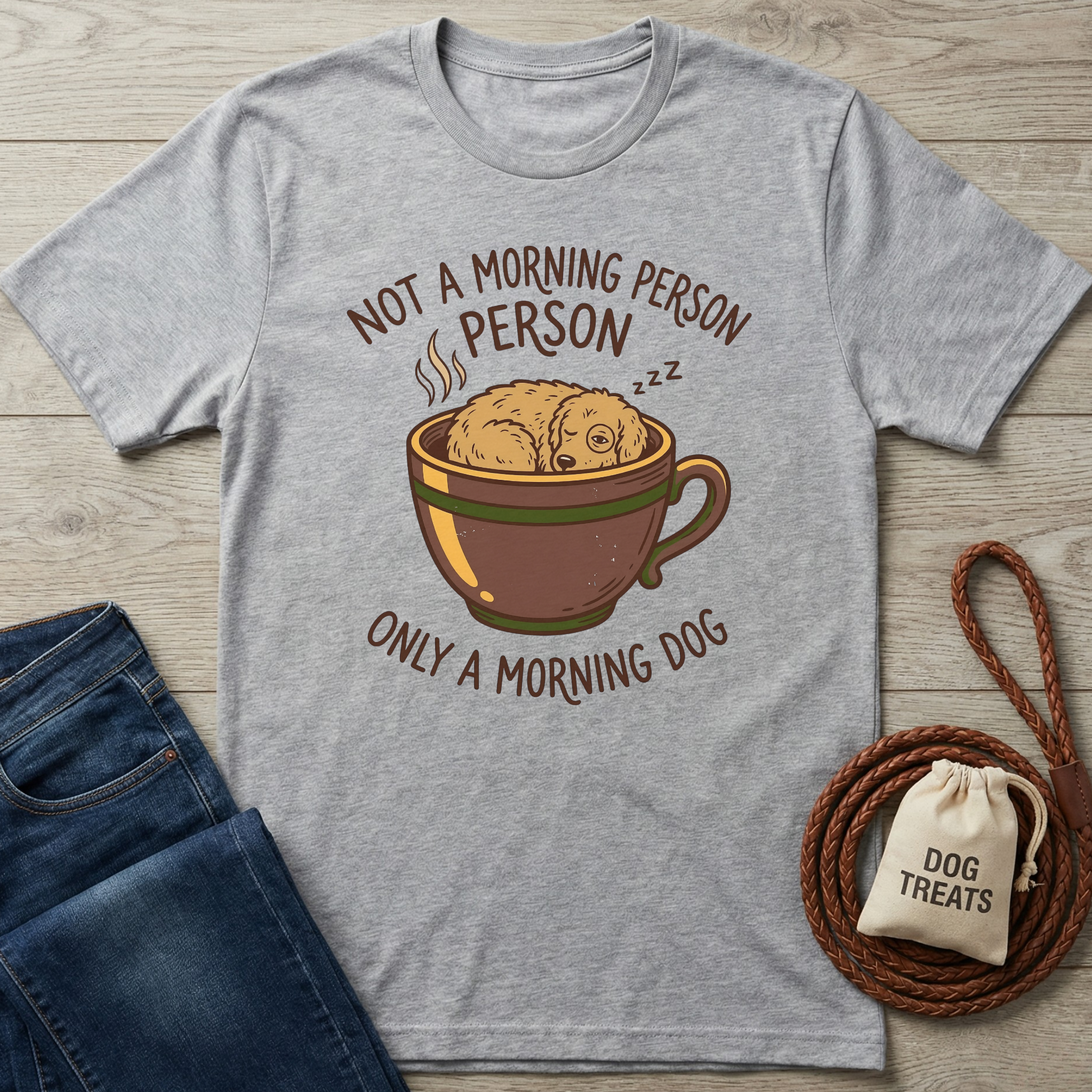 Gray cotton t-shirt with "Not a Morning Person, Only a Morning Dog" text and a sleeping dog in a coffee cup design.
