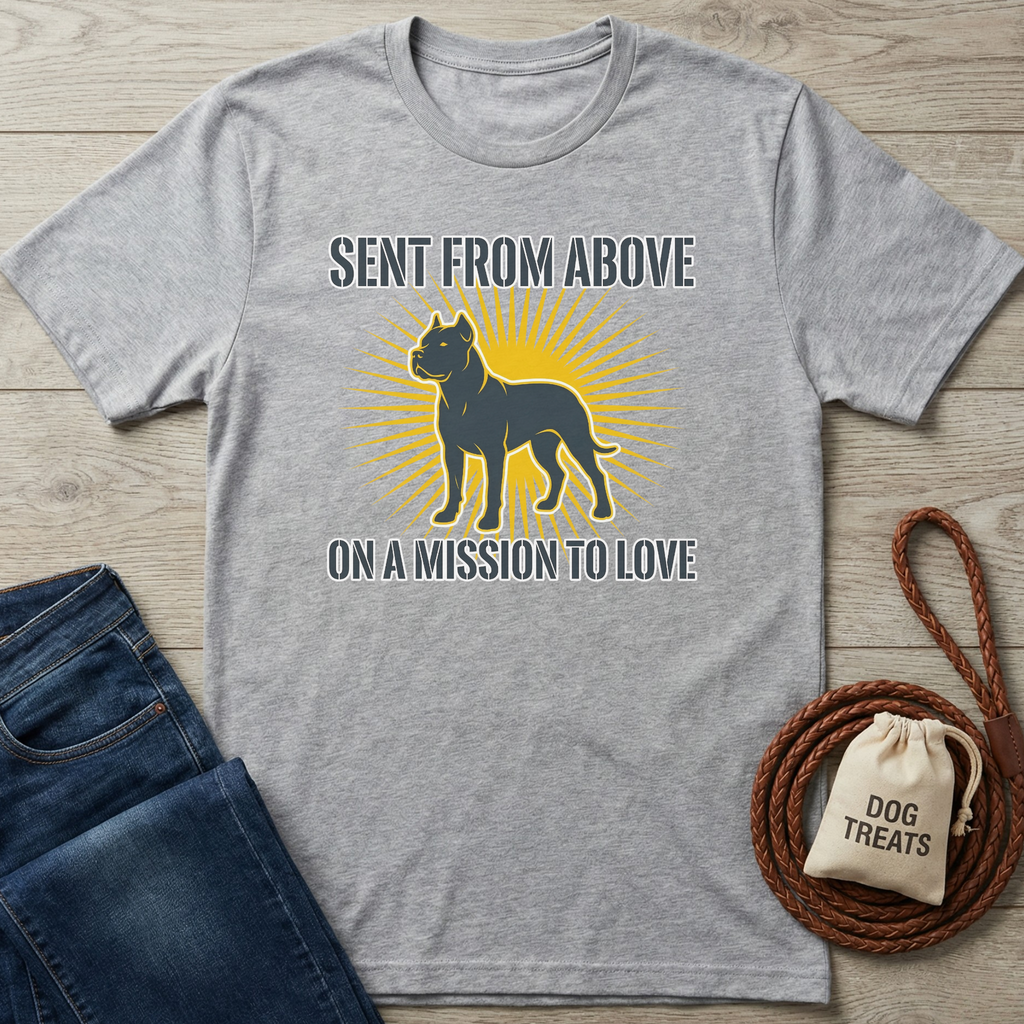 Light gray Sent From Above T-shirt with a black dog silhouette and yellow sunburst design.