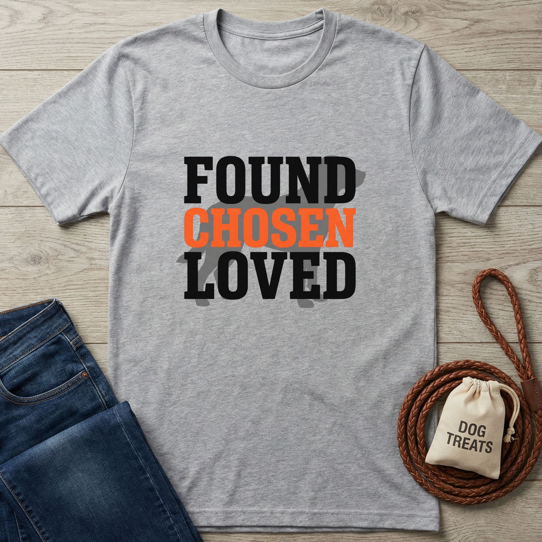 Light grey Gildan Softstyle t-shirt with "FOUND CHOSEN LOVED" text, paired with jeans and dog treats.