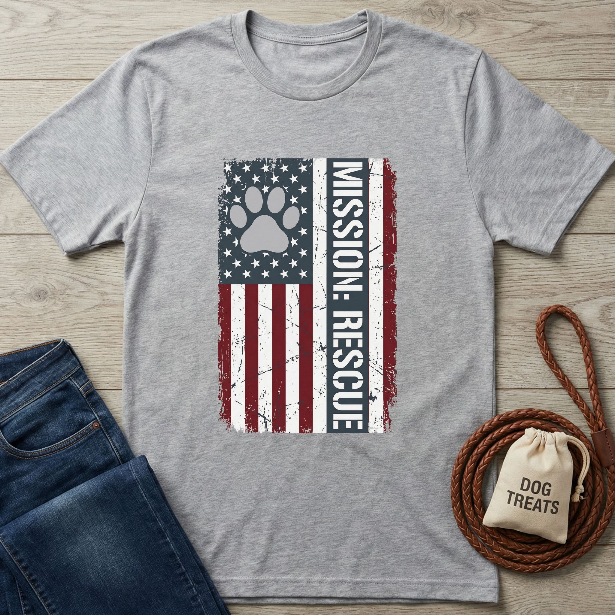 Light grey Gildan Softstyle® t-shirt with a distressed American flag design featuring a paw print and "MISSION: RESCUE.