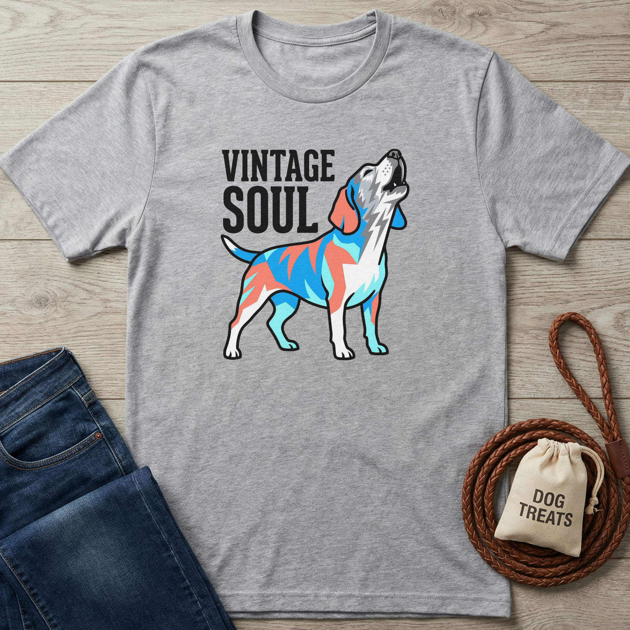 Gray t-shirt with a colorful dog graphic and 'Vintage Soul' text on a wooden surface with jeans and a dog treat bag.
