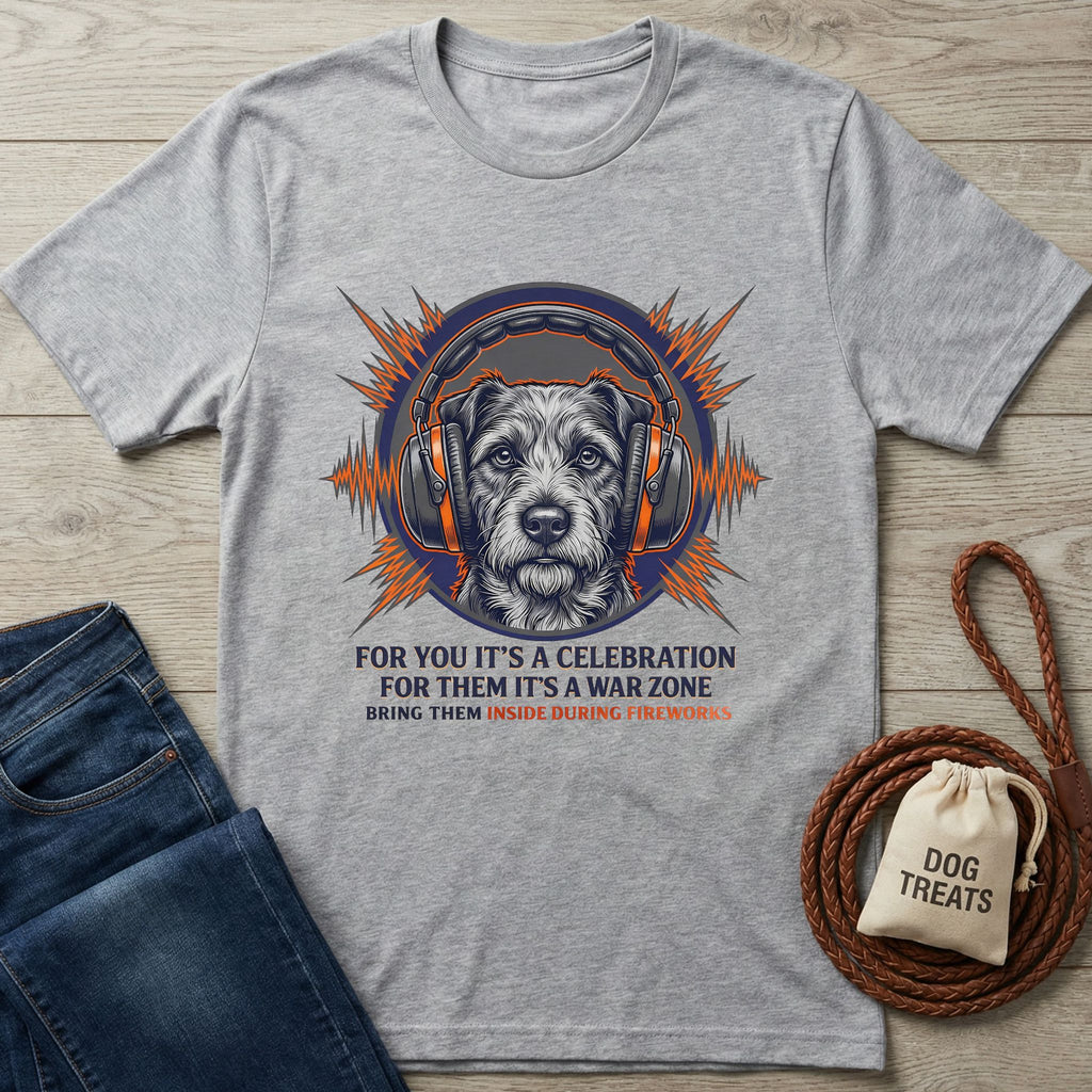 Light grey Gildan Softstyle® t-shirt with a graphic of a dog wearing headphones and text about fireworks.