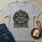 Gray t-shirt with a compass design featuring a dog, mountains, and trees, plus "Steady My Soul" text.