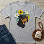 Heather grey t-shirt with a Rottweiler head surrounded by yellow sunflowers and white daisies.