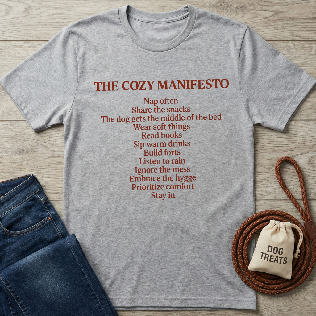 Gray short-sleeve t-shirt with "The Cozy Manifesto" text in red, next to jeans and dog treats.