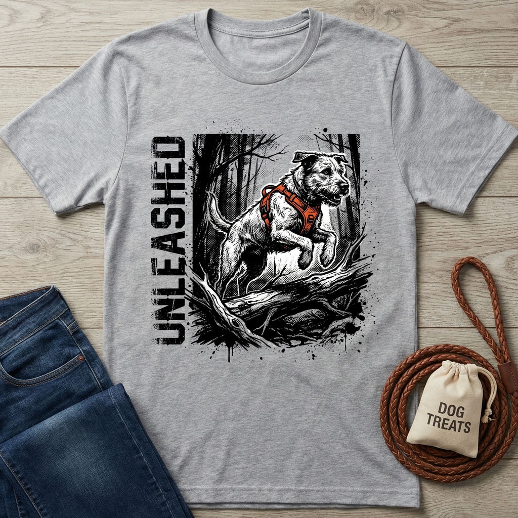 Light grey Unleashed T-shirt with a graphic of a dog in an orange harness jumping over a log.