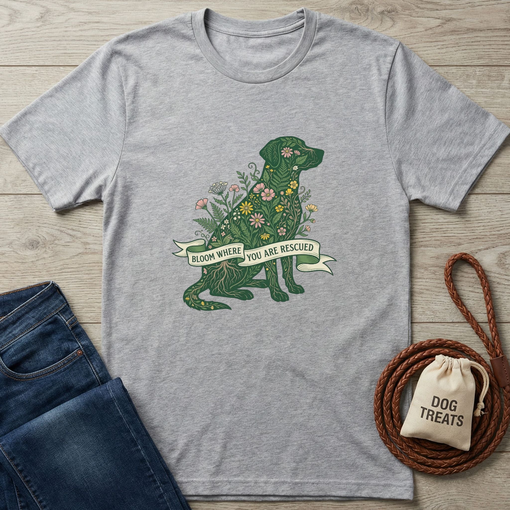 Light grey Gildan Softstyle® t-shirt with a green, floral dog graphic and "Bloom Where You Are Rescued" banner.