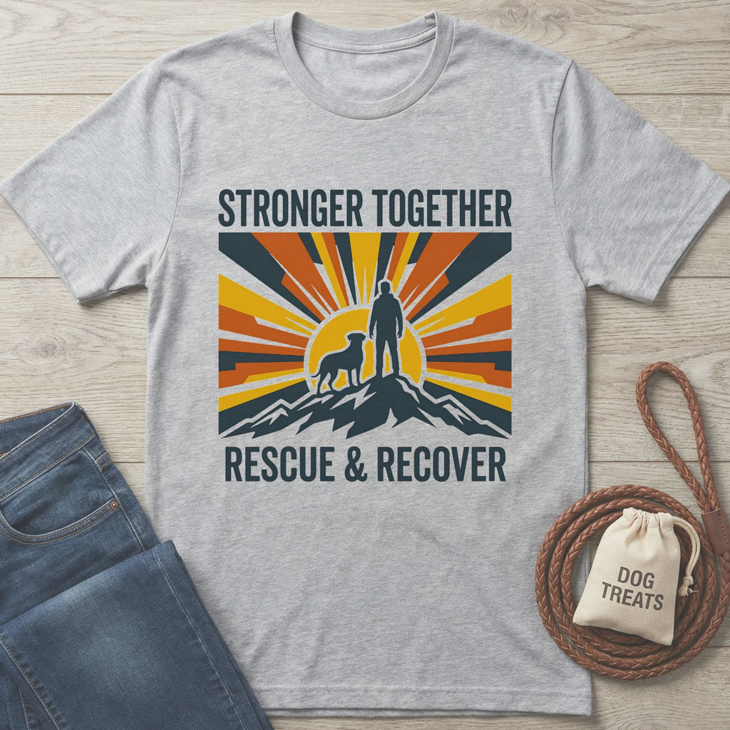 Light grey Gildan Softstyle t-shirt with "Stronger Together Rescue & Recover" graphic featuring a person and dog on a mountain.