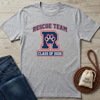Gray Rescue Team T-shirt with red and blue "R" paw print logo, "Class of 2026" text.
