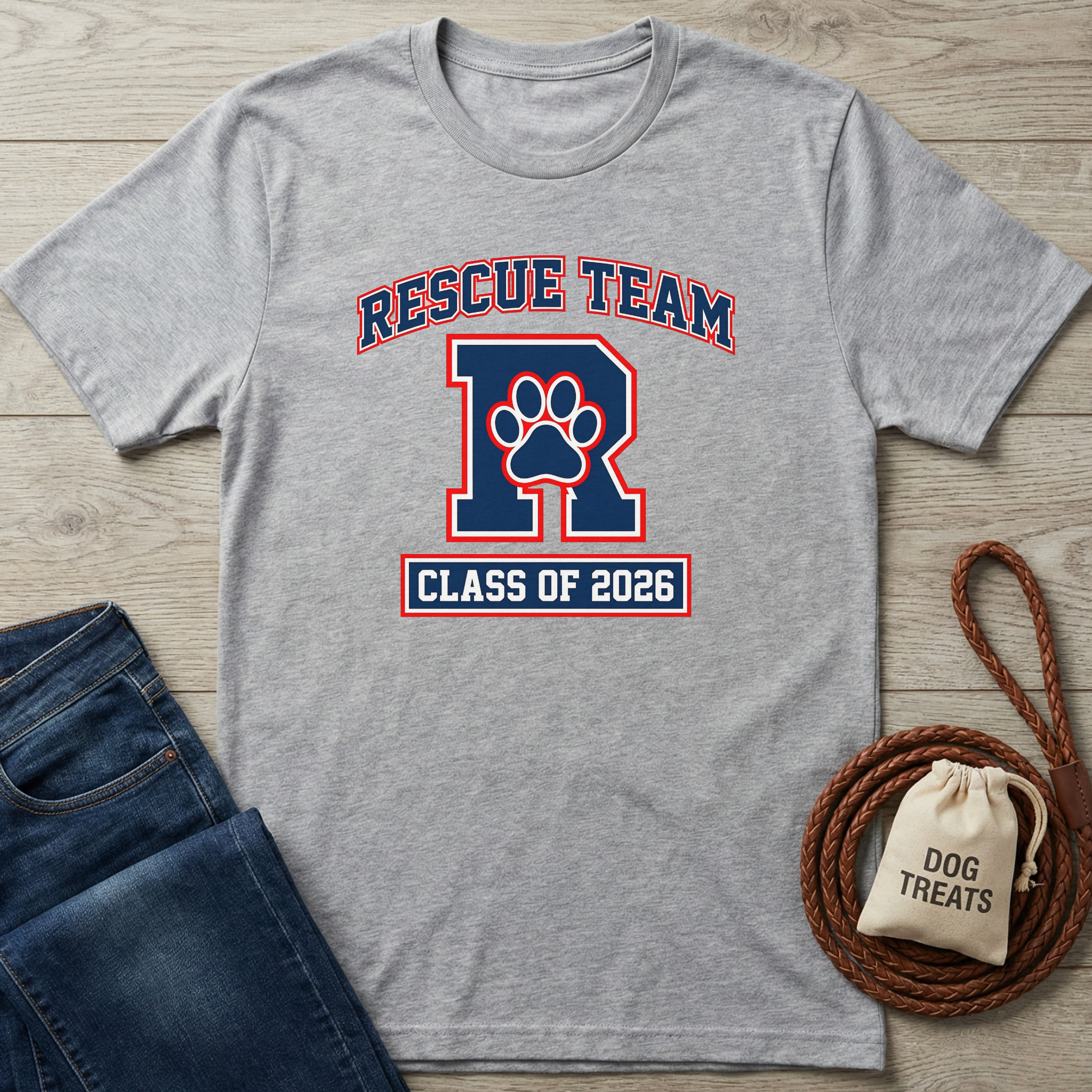 Gray Rescue Team T-shirt with red and blue "R" paw print logo, "Class of 2026" text.