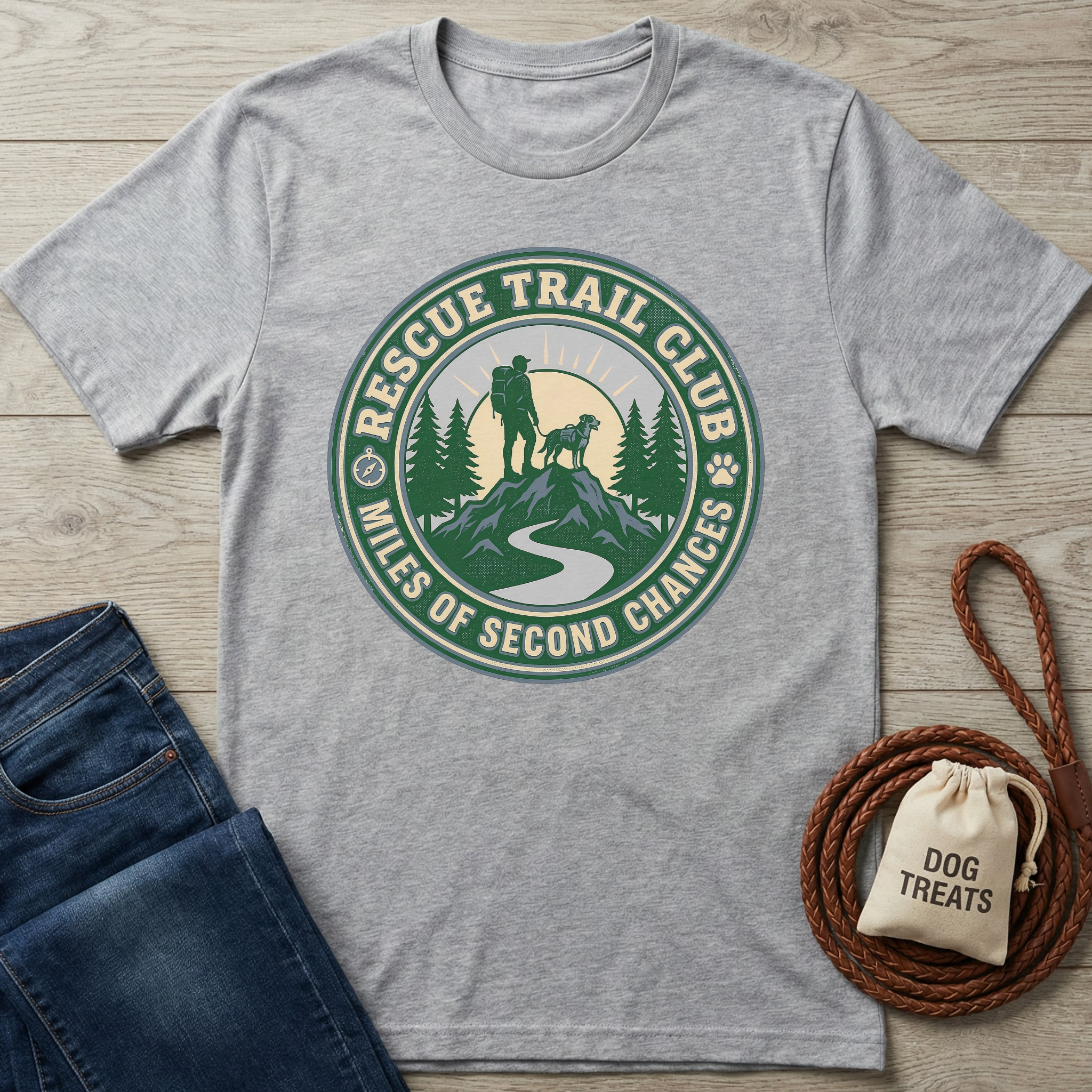 Heather gray Rescue Trail Club T-shirt with a green and white graphic of a hiker and dog on a mountain.