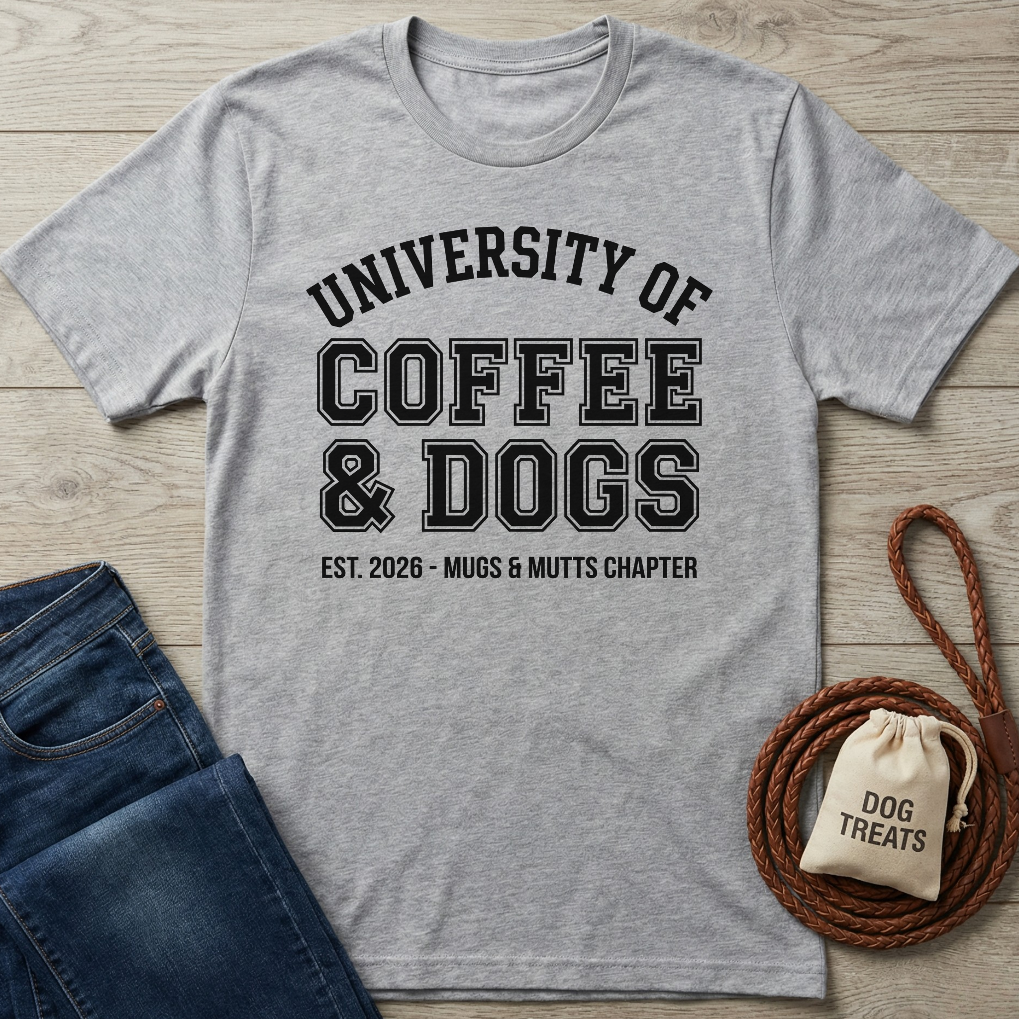 Gray t-shirt with 'University of Coffee & Dogs' text on a wooden surface with jeans and dog treats bag.