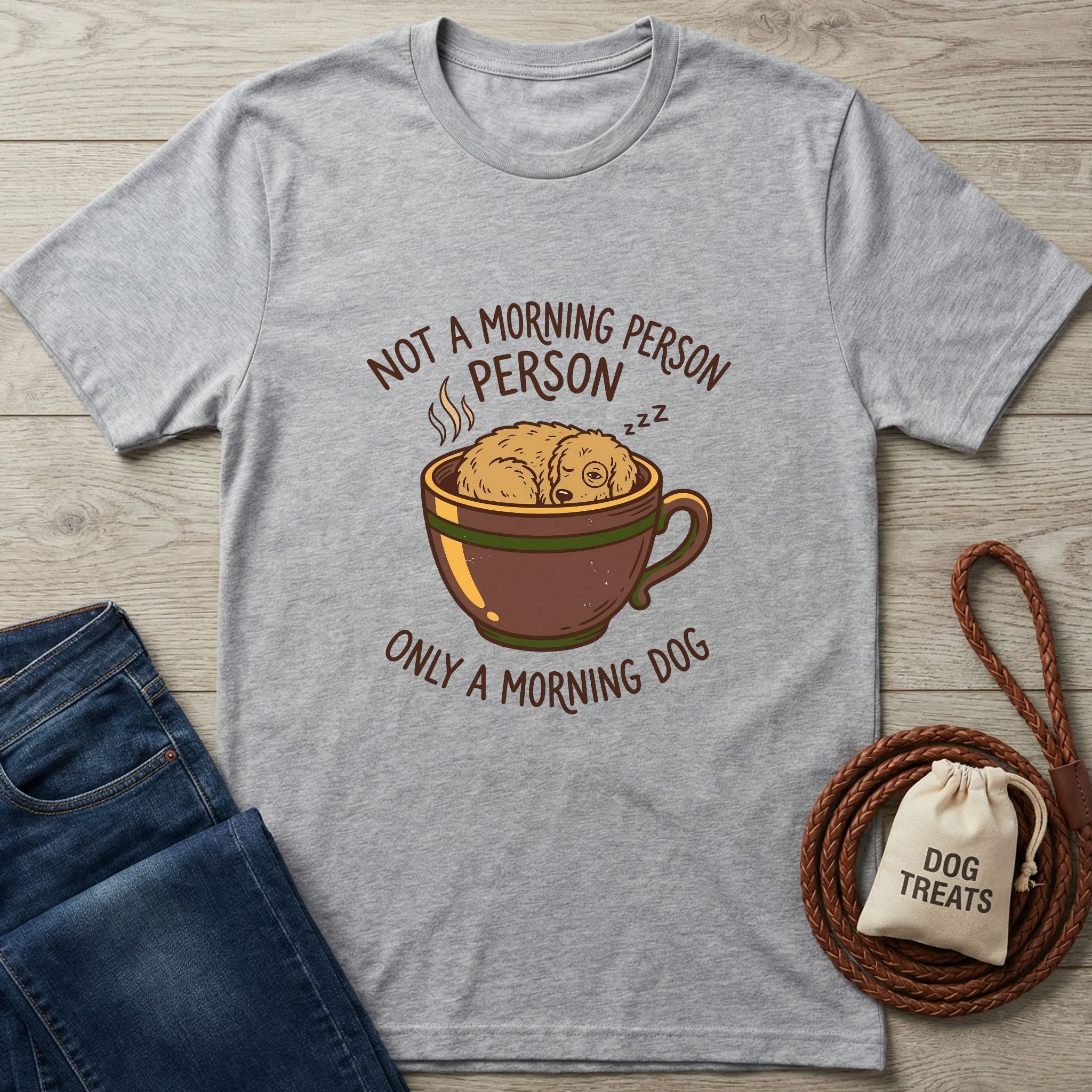 Light grey Gildan Softstyle t-shirt with a sleeping dog in a coffee cup and "Not a Morning Person, Only a Morning Dog" text.