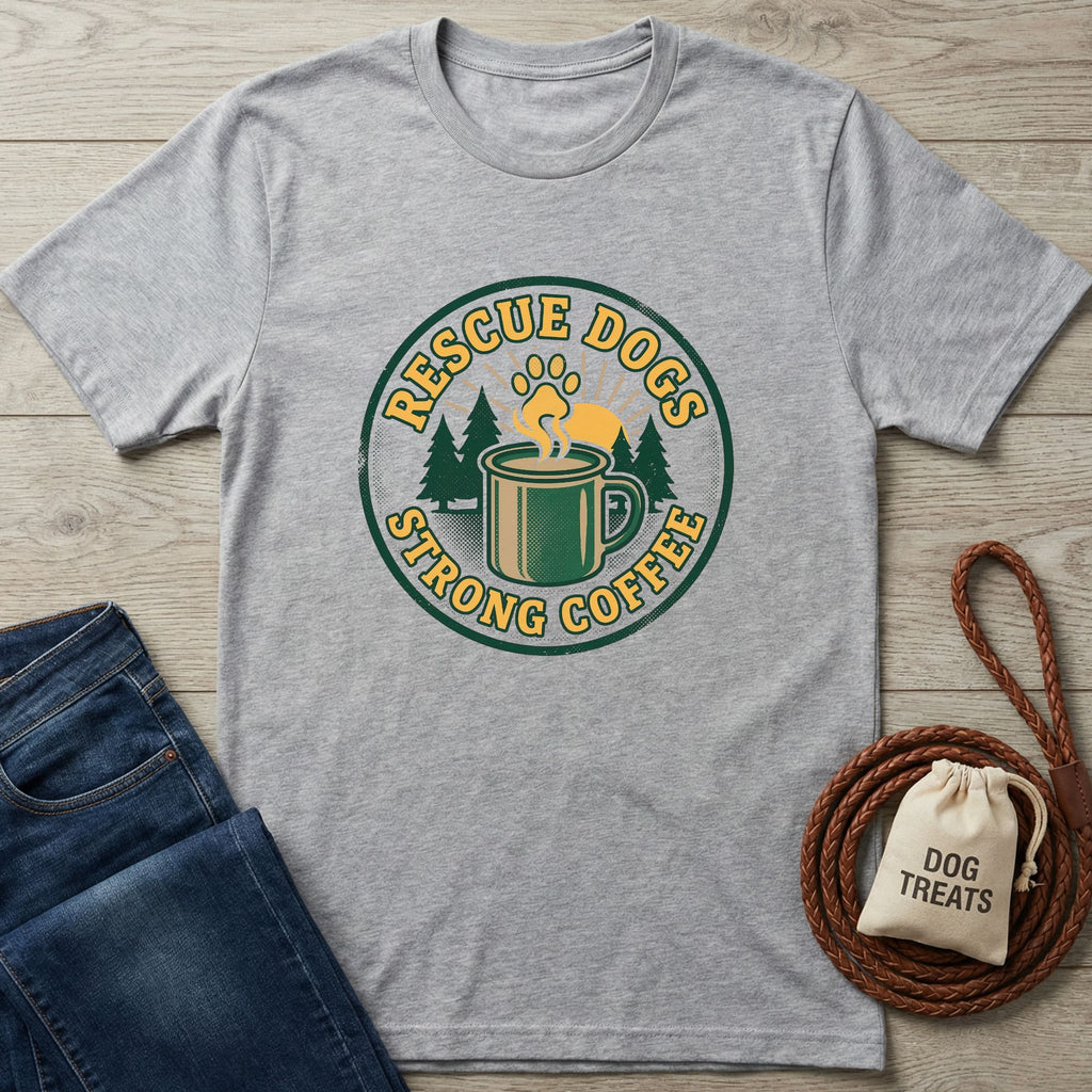 Gray Gildan Softstyle t-shirt with "Rescue Dogs Strong Coffee" graphic, featuring a paw print, coffee mug, and trees.
