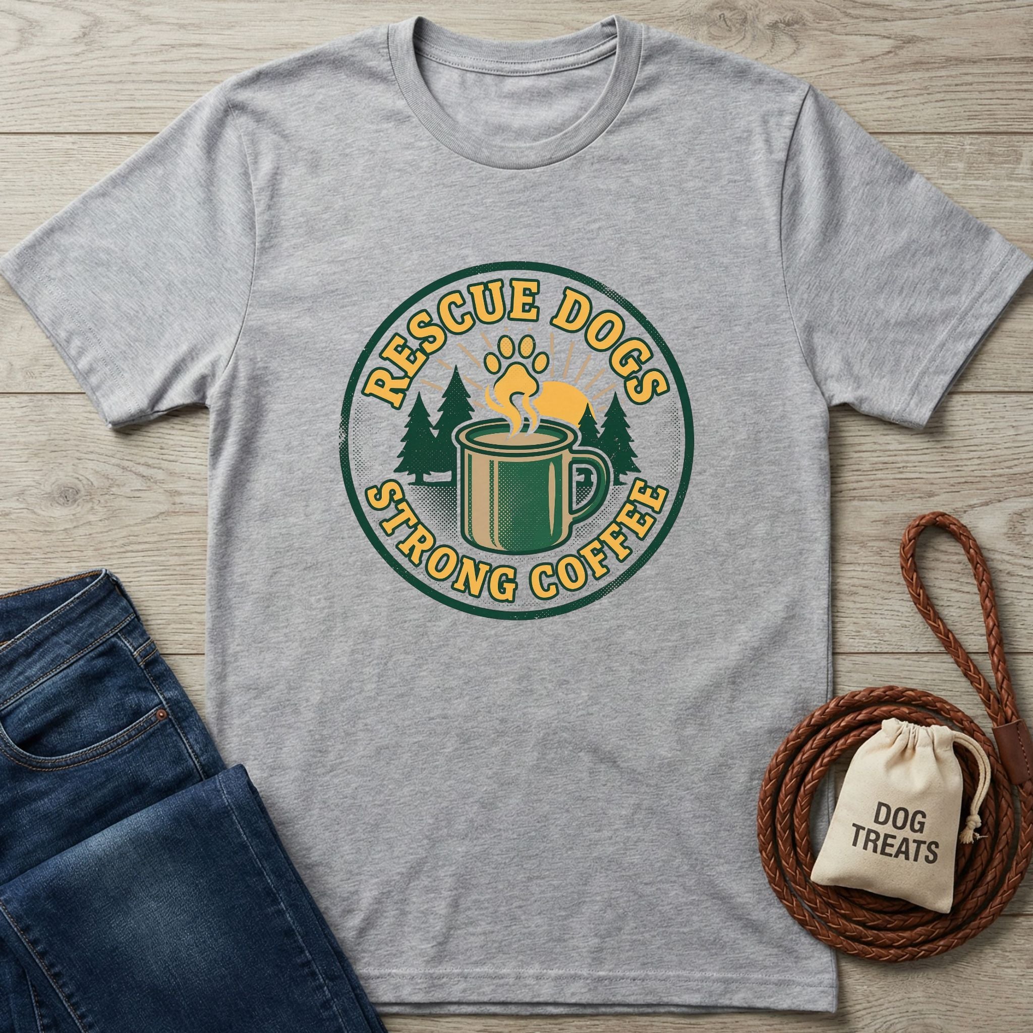Gray Gildan Softstyle t-shirt with "Rescue Dogs Strong Coffee" graphic, featuring a paw print, coffee mug, and trees.