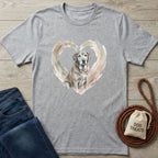 Light grey Gildan Softstyle t-shirt with a watercolor Labrador in a heart, beside jeans and dog treats.