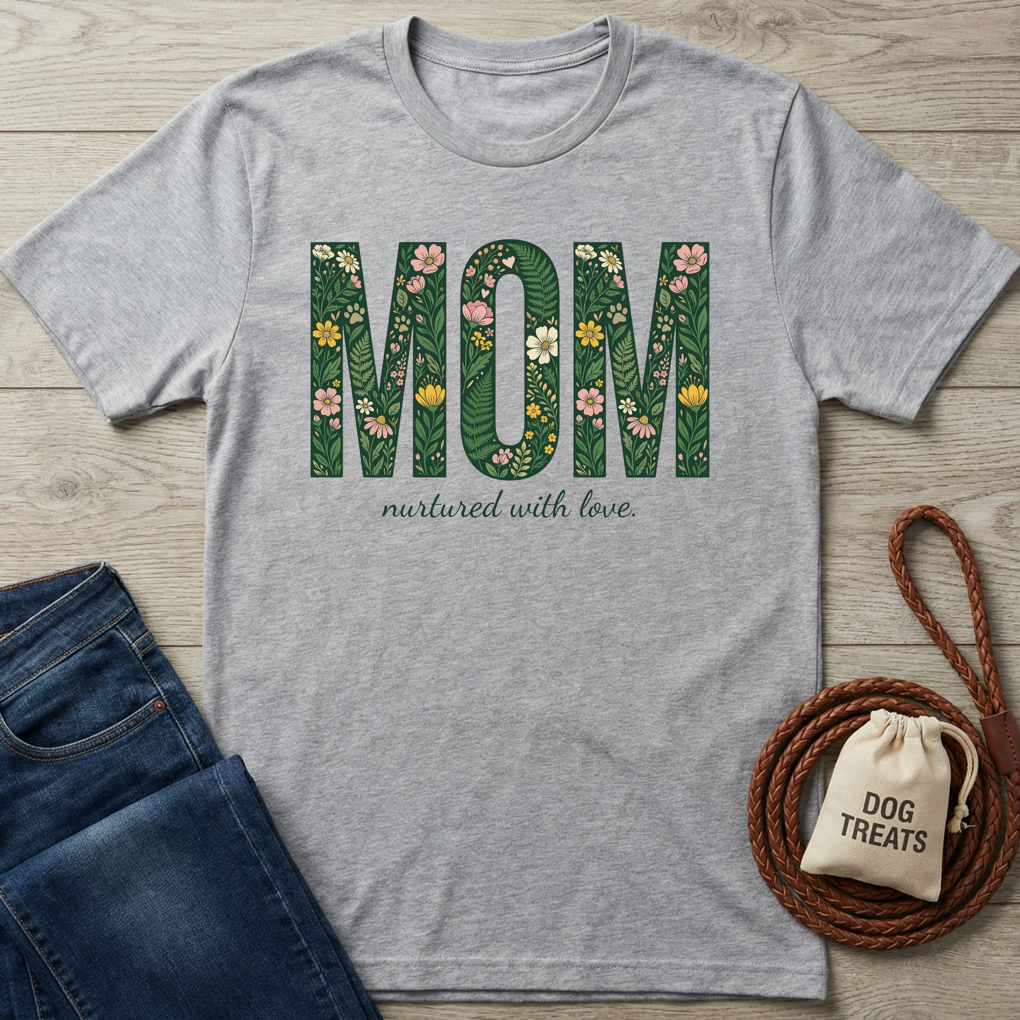 Gray short-sleeve t-shirt with "MOM nurtured with love" in floral green letters.
