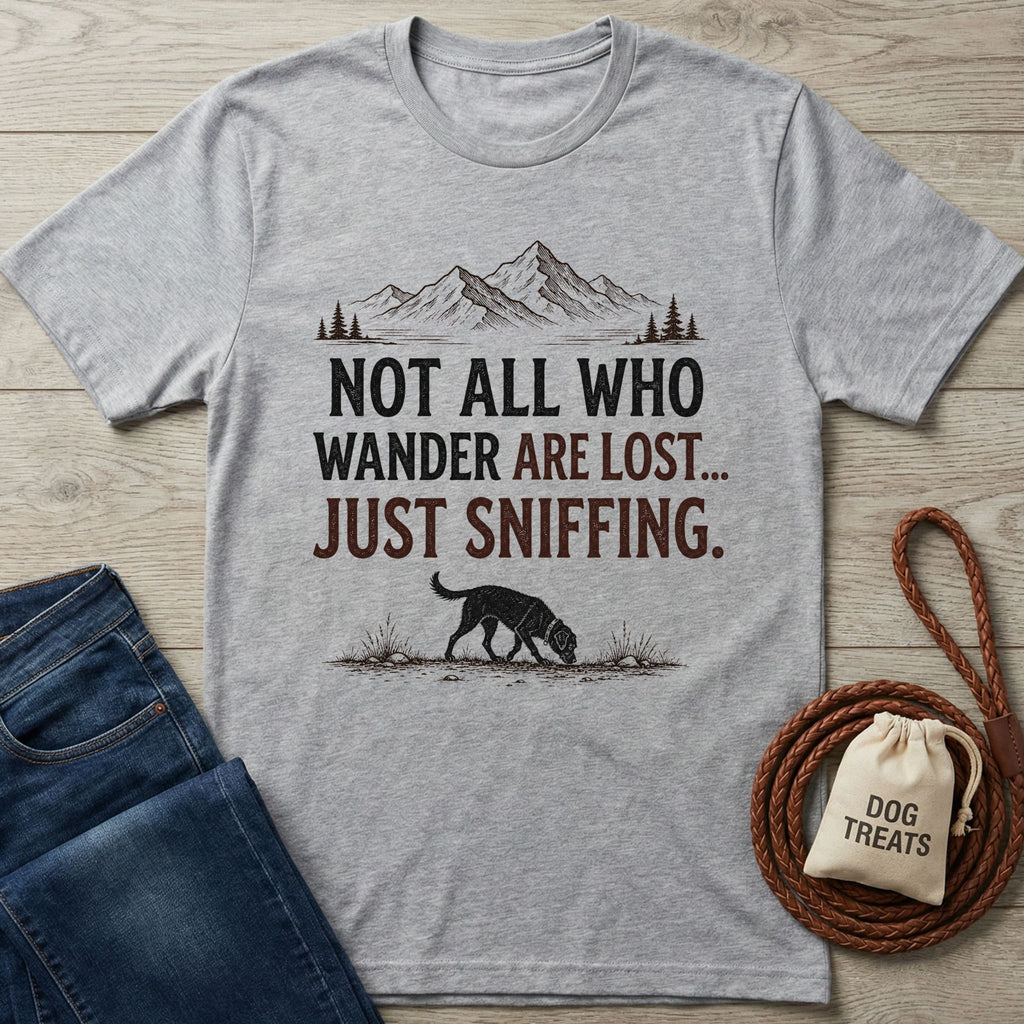 Gray crewneck t-shirt with "NOT ALL WHO WANDER ARE LOST... JUST SNIFFING." text, mountains, and a sniffing dog graphic.