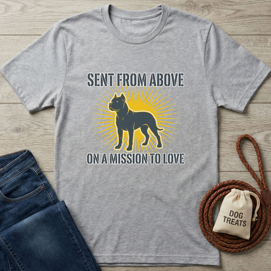 Light grey Gildan Softstyle® t-shirt with "Sent From Above On A Mission To Love" text and a rescue dog graphic.