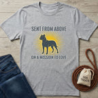 Light grey Gildan Softstyle® t-shirt with "Sent From Above On A Mission To Love" text and a rescue dog graphic.