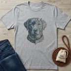 Light grey Gildan Softstyle t-shirt with a black Labrador dog head, half botanical floral design.