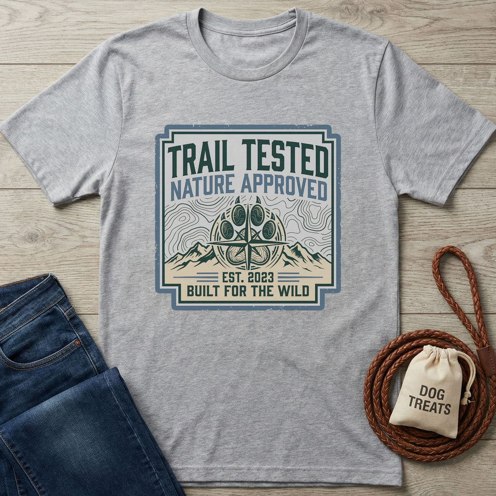 Light grey Gildan Softstyle t-shirt with "Trail Tested Nature Approved" graphic, jeans, and dog leash.