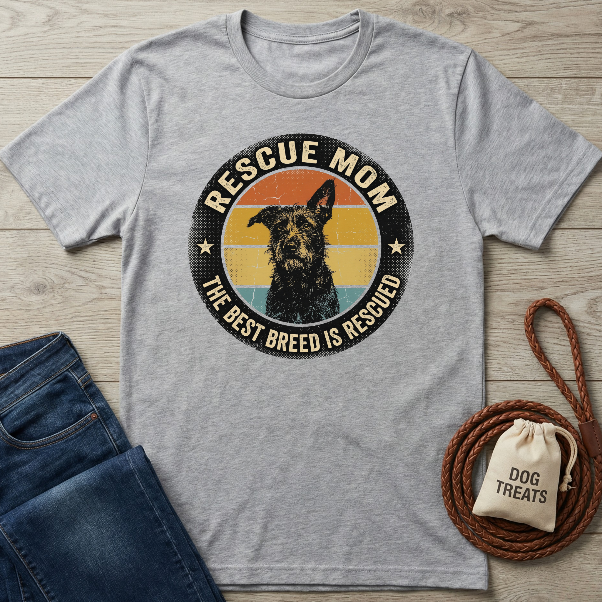 Gray "Rescue Mom" t-shirt with a vintage dog graphic, folded jeans, and dog treats on a wooden surface.