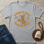 Light grey Gildan Softstyle t-shirt with "Powered by Coffee & Rescue Dog Kisses" graphic featuring a playful dog.