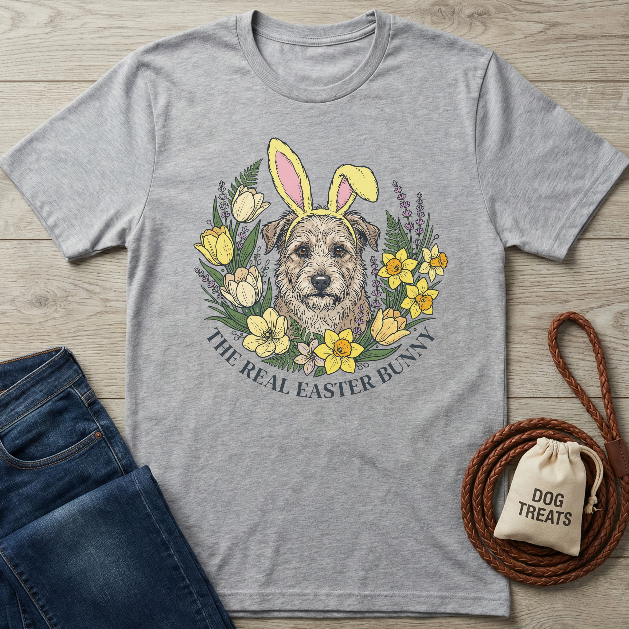 Heather gray t-shirt with a terrier wearing bunny ears, surrounded by yellow flowers and "The Real Easter Bunny" text.