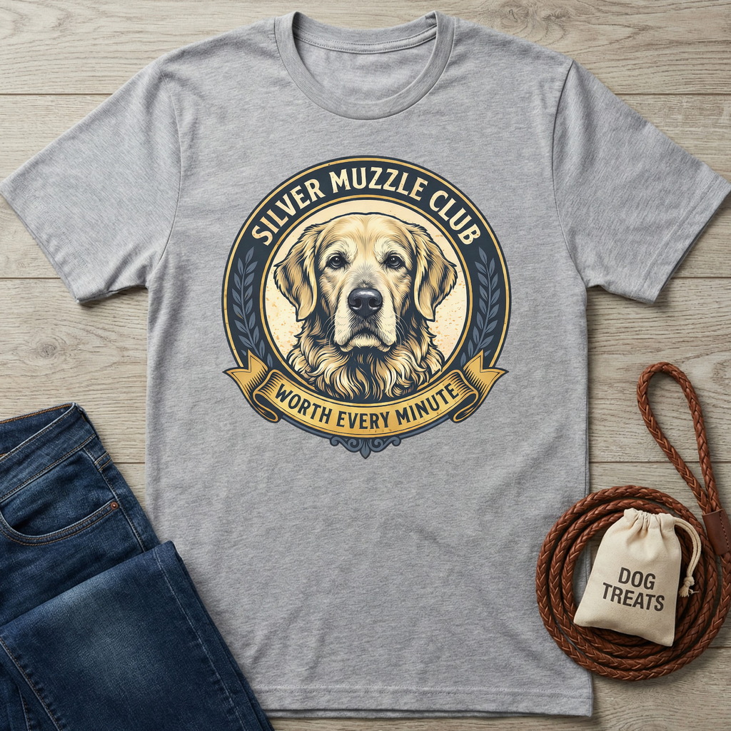 Gray Silver Muzzle Club T-shirt with a Golden Retriever graphic and "Worth Every Minute" banner.
