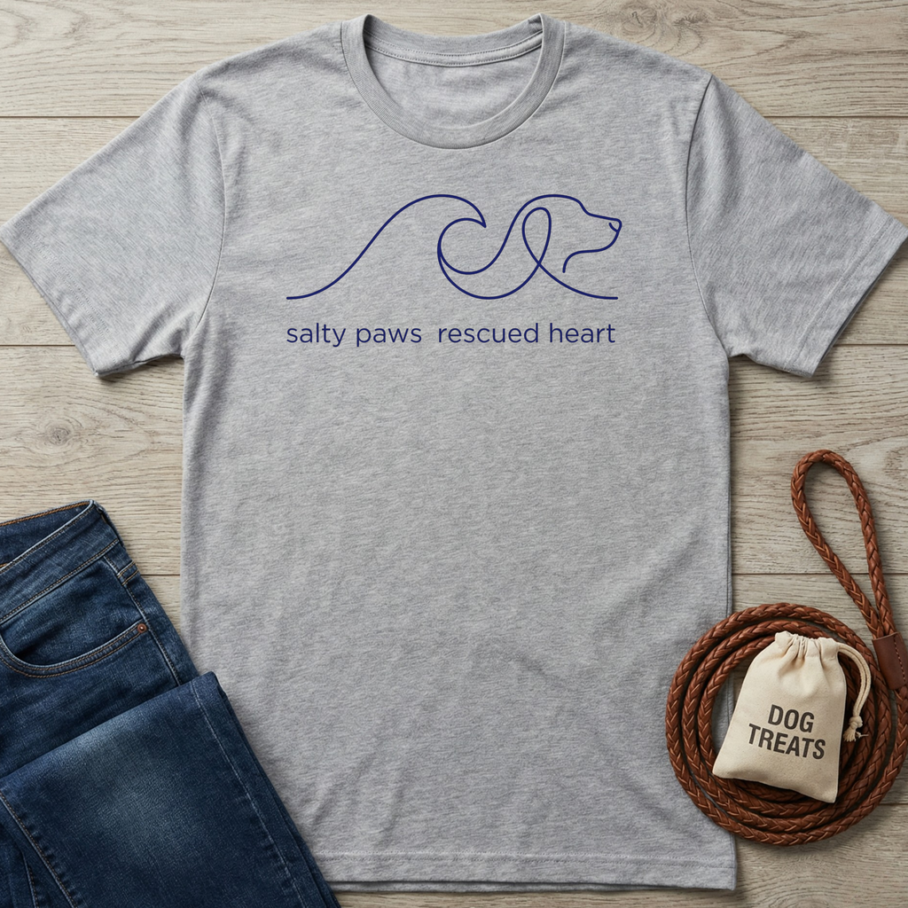 Heather gray t-shirt with a navy "salty paws rescued heart" dog and wave graphic.