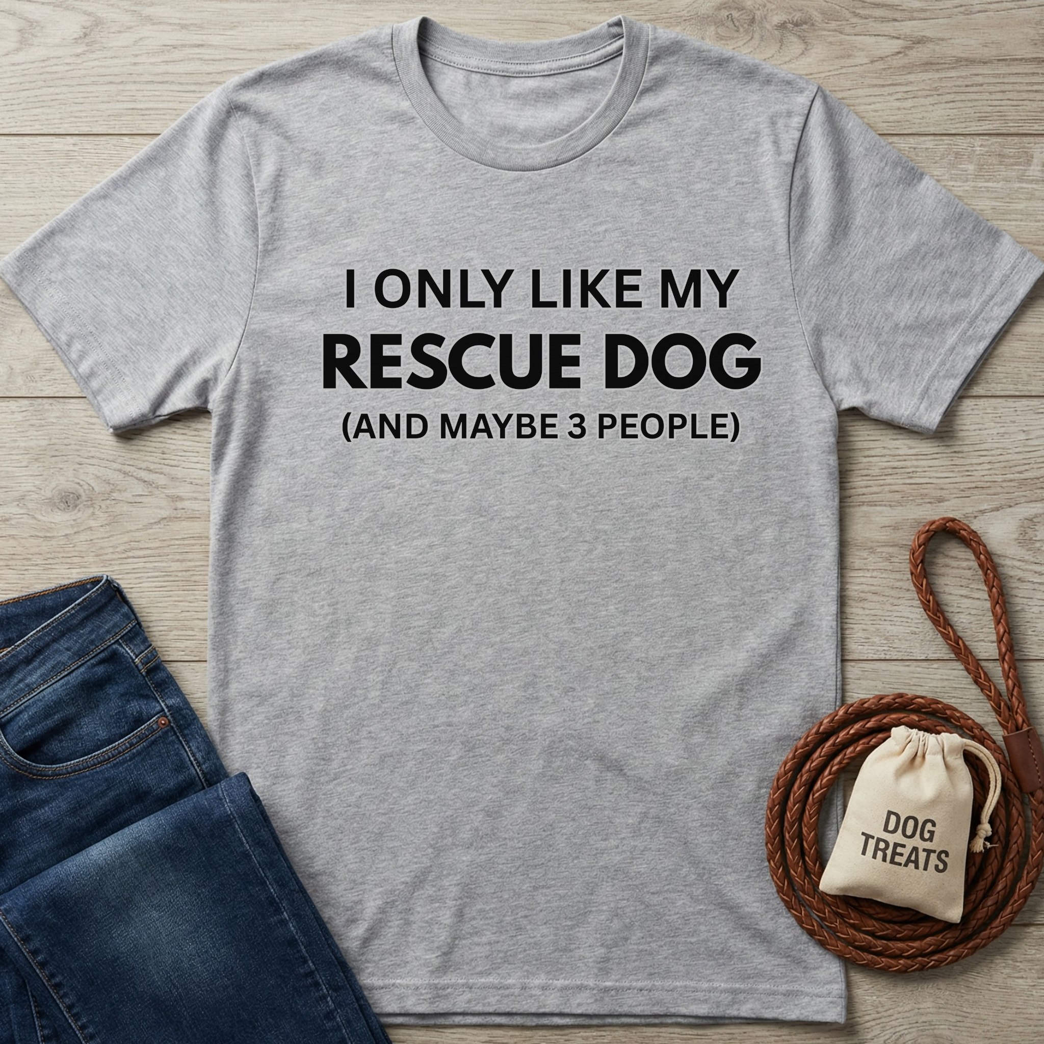 Heather gray cotton t-shirt with "I ONLY LIKE MY RESCUE DOG (AND MAYBE 3 PEOPLE)" text.
