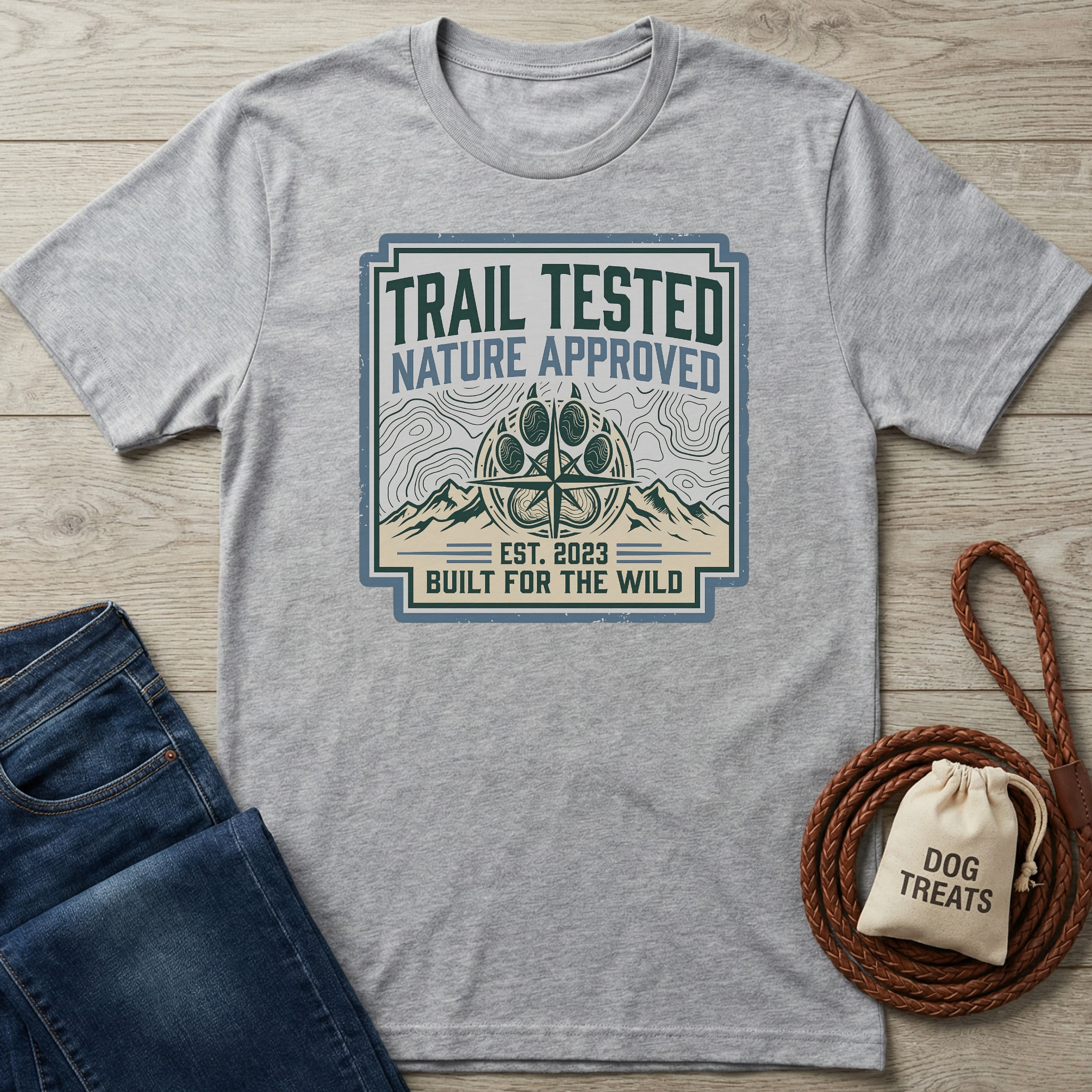 Gray t-shirt with 'Trail Tested Nature Approved' graphic on a wooden surface with jeans and dog treats.