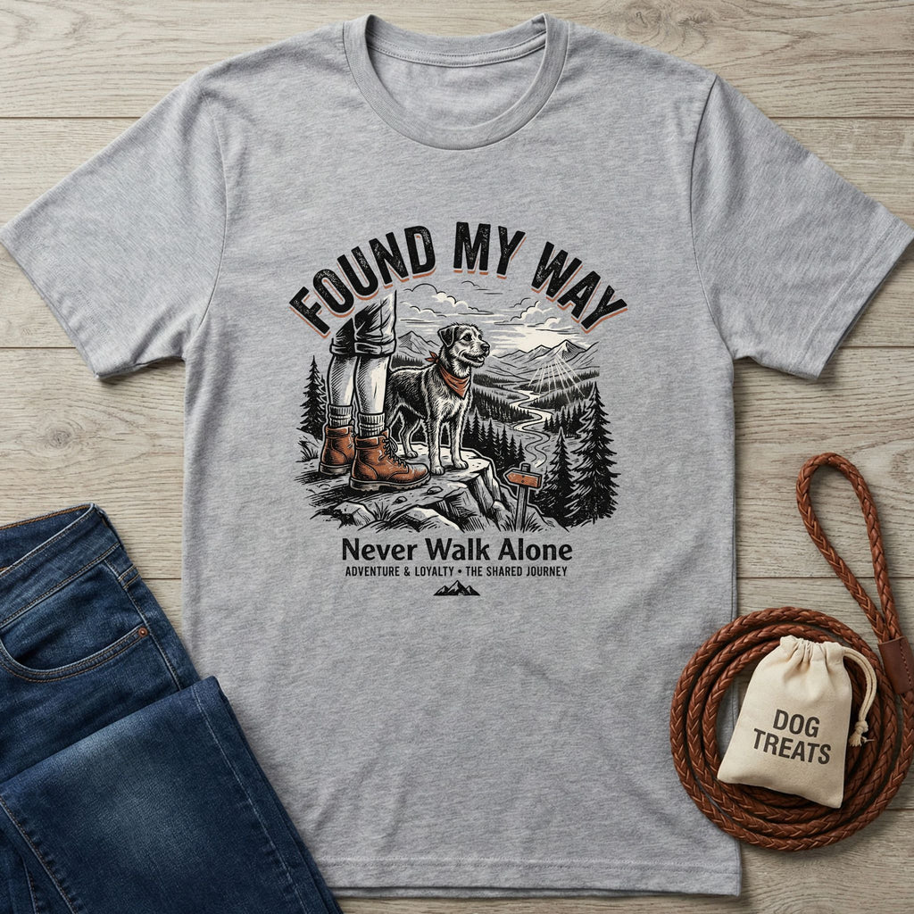 Light grey Gildan Softstyle t-shirt with "Found My Way" graphic featuring a person and dog hiking.